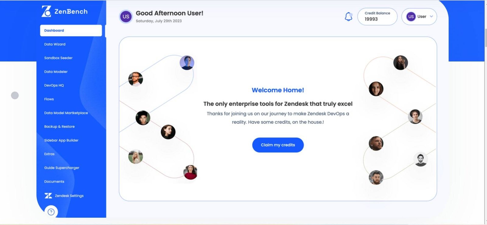 The Zenbench dashboard: a left-hand module rail with Data Wizard, Sandbox Seeder, Data Modeler, DevOps HQ, Flows and more, next to a welcome panel and credit balance.